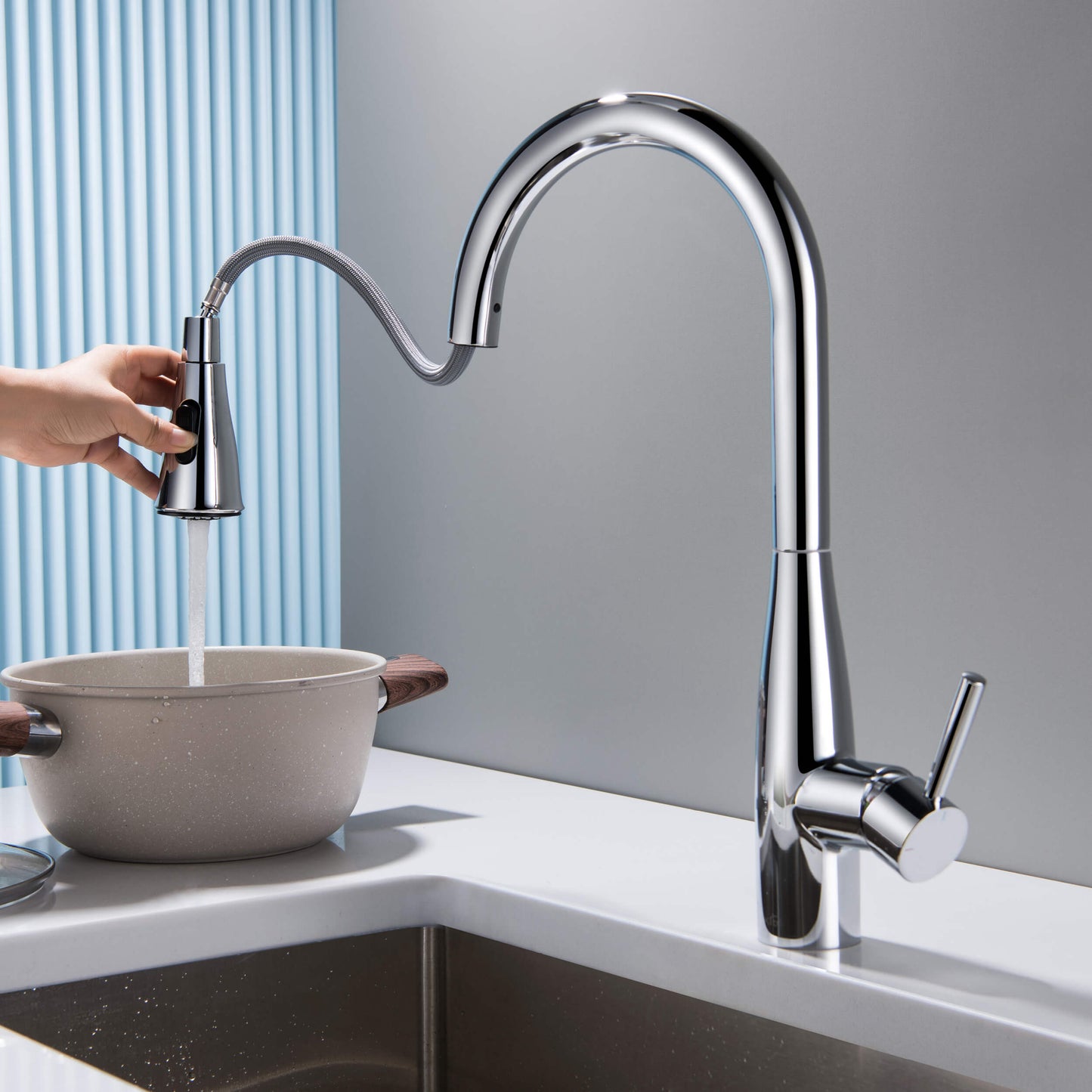 Kibi Bari-T Single Handle Pull Down Kitchen Sink Faucet in Chrome Finish - KKF2016CH