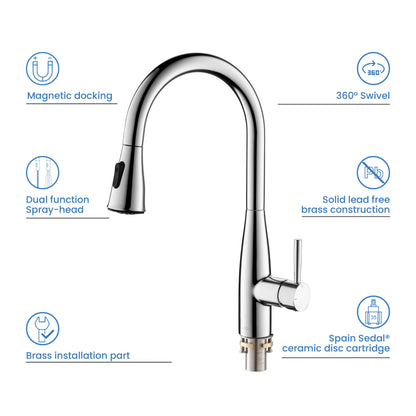 Kibi Bari-T Single Handle Pull Down Kitchen Sink Faucet in Chrome Finish - KKF2016CH