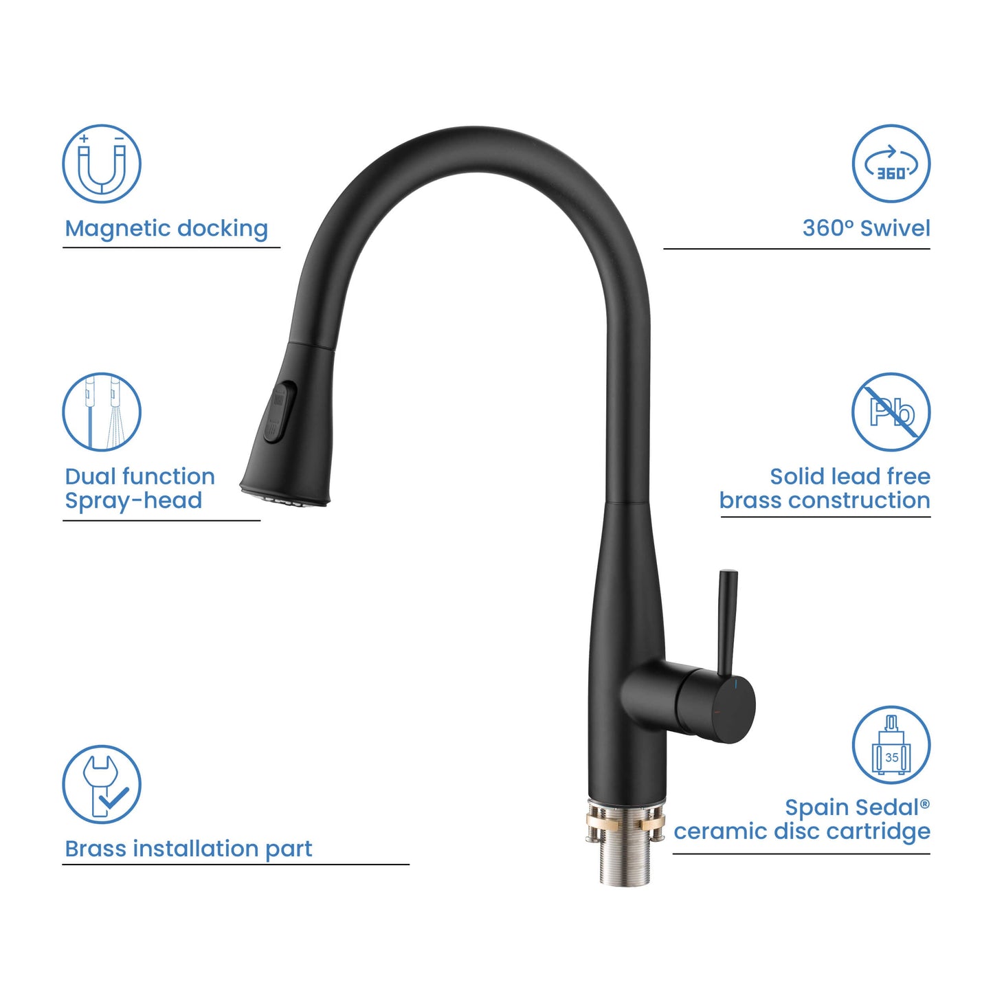 Kibi Bari-T Single Handle Pull Down Kitchen Sink Faucet in Matte Black Finish - KKF2016MB