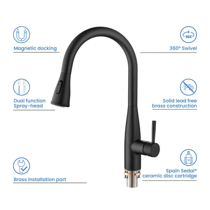 Kibi Bari-T Single Handle Pull Down Kitchen Sink Faucet in Matte Black Finish - KKF2016MB