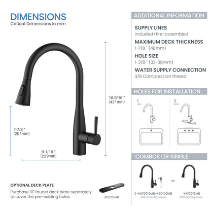 Kibi Bari-T Single Handle Pull Down Kitchen Sink Faucet in Matte Black Finish - KKF2016MB