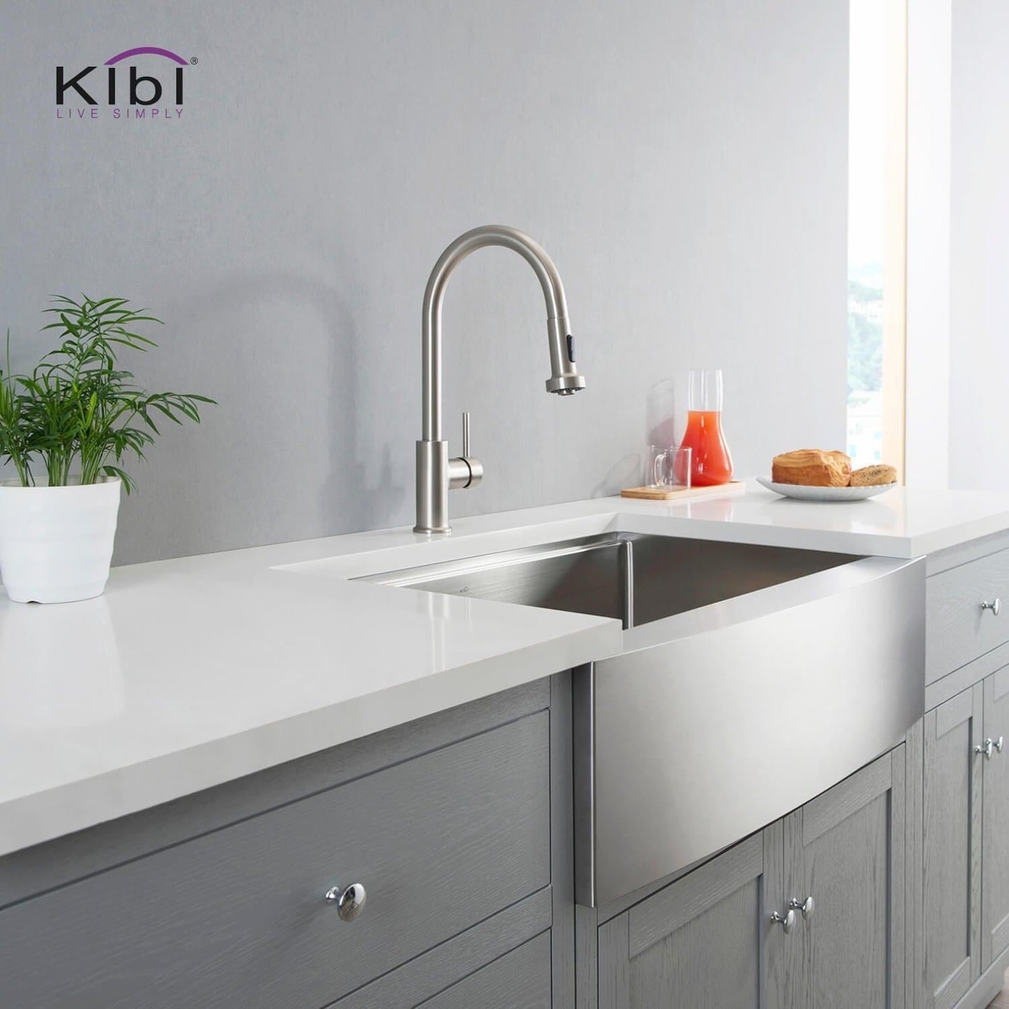 Kibi Casa Single Handle High Arc Pull Down Kitchen Faucet in Brushed Nickel Finish - KKF2002BN