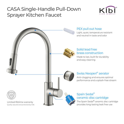 Kibi Casa Single Handle High Arc Pull Down Kitchen Faucet in Brushed Nickel Finish - KKF2002BN