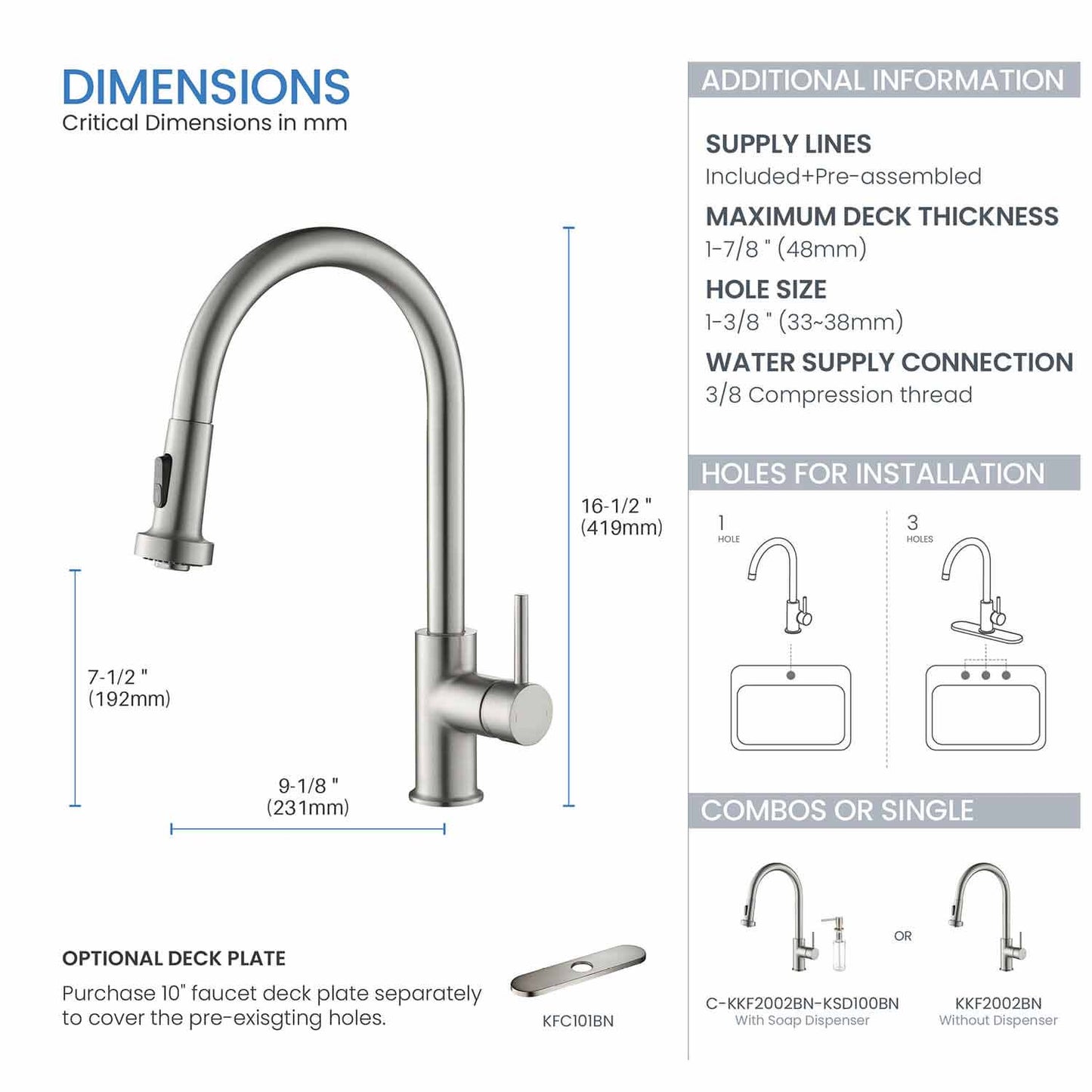 Kibi Casa Single Handle High Arc Pull Down Kitchen Faucet in Brushed Nickel Finish - KKF2002BN