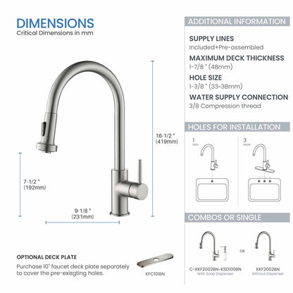 Kibi Casa Single Handle High Arc Pull Down Kitchen Faucet in Brushed Nickel Finish - KKF2002BN