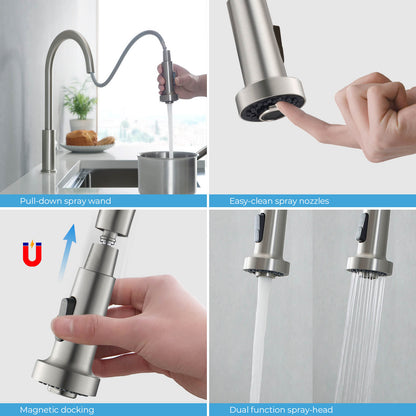 Kibi Casa Single Handle High Arc Pull Down Kitchen Faucet in Brushed Nickel Finish - KKF2002BN