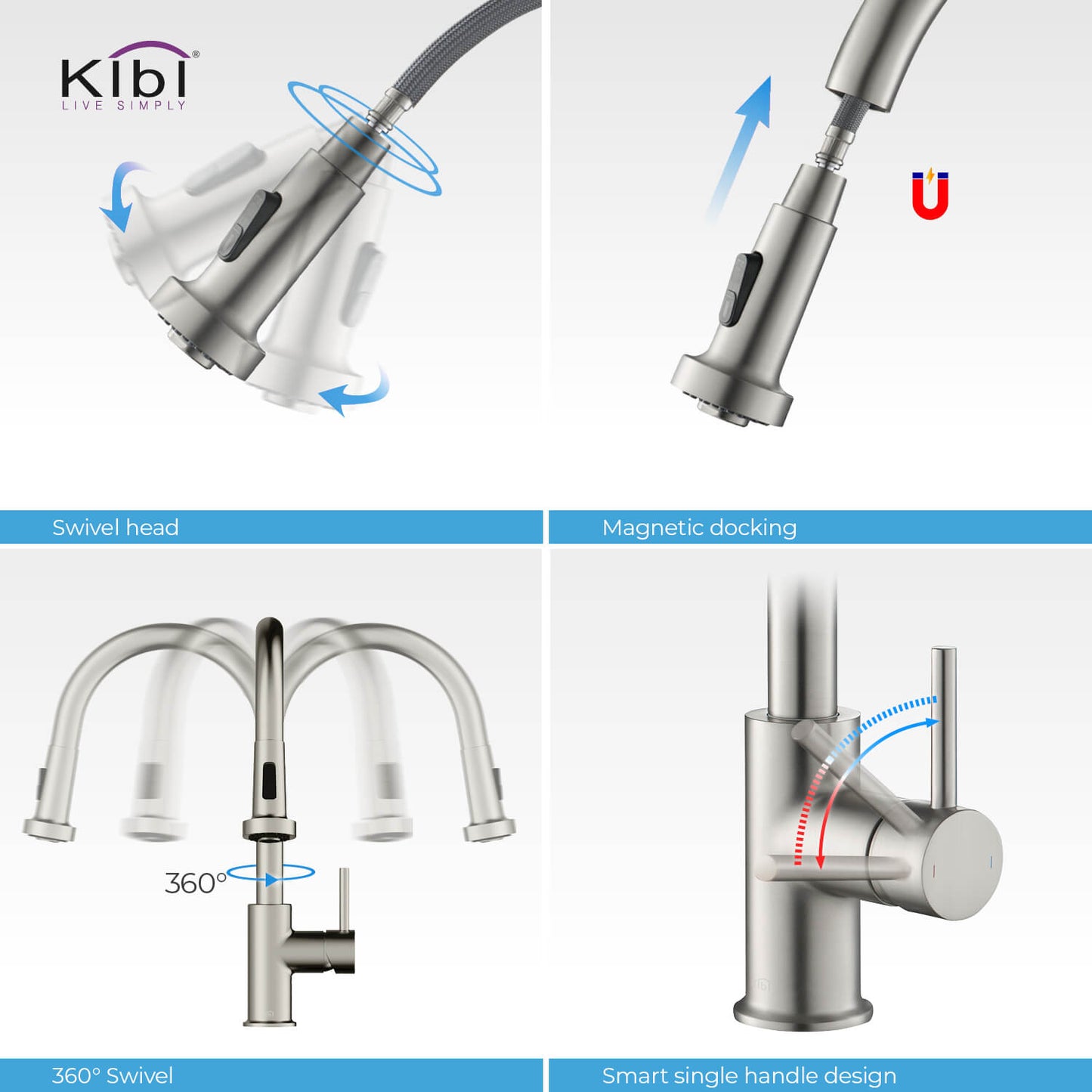 Kibi Casa Single Handle High Arc Pull Down Kitchen Faucet in Brushed Nickel Finish - KKF2002BN
