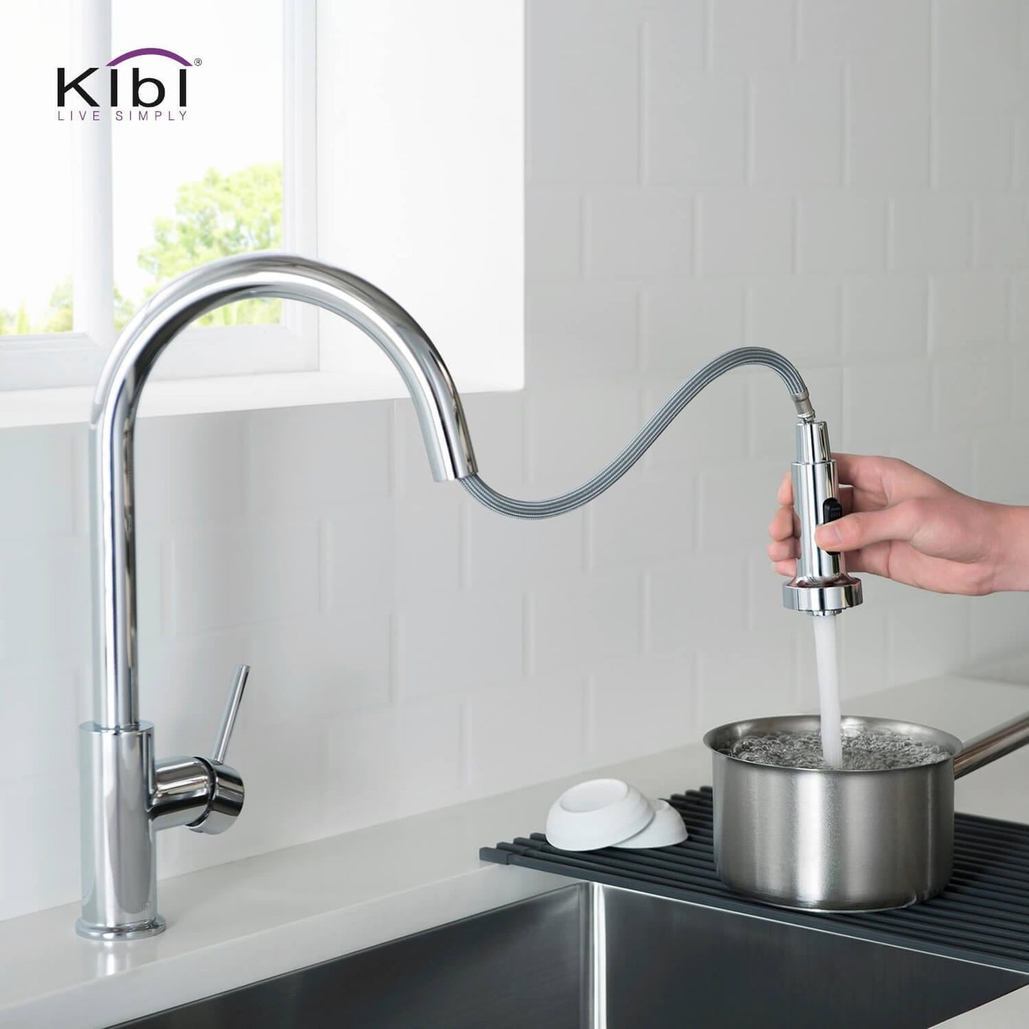 Kibi Casa Single Handle High Arc Pull Down Kitchen Faucet in Chrome Finish - KKF2002CH