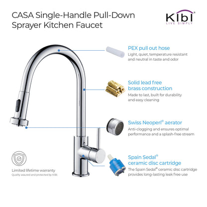 Kibi Casa Single Handle High Arc Pull Down Kitchen Faucet in Chrome Finish - KKF2002CH