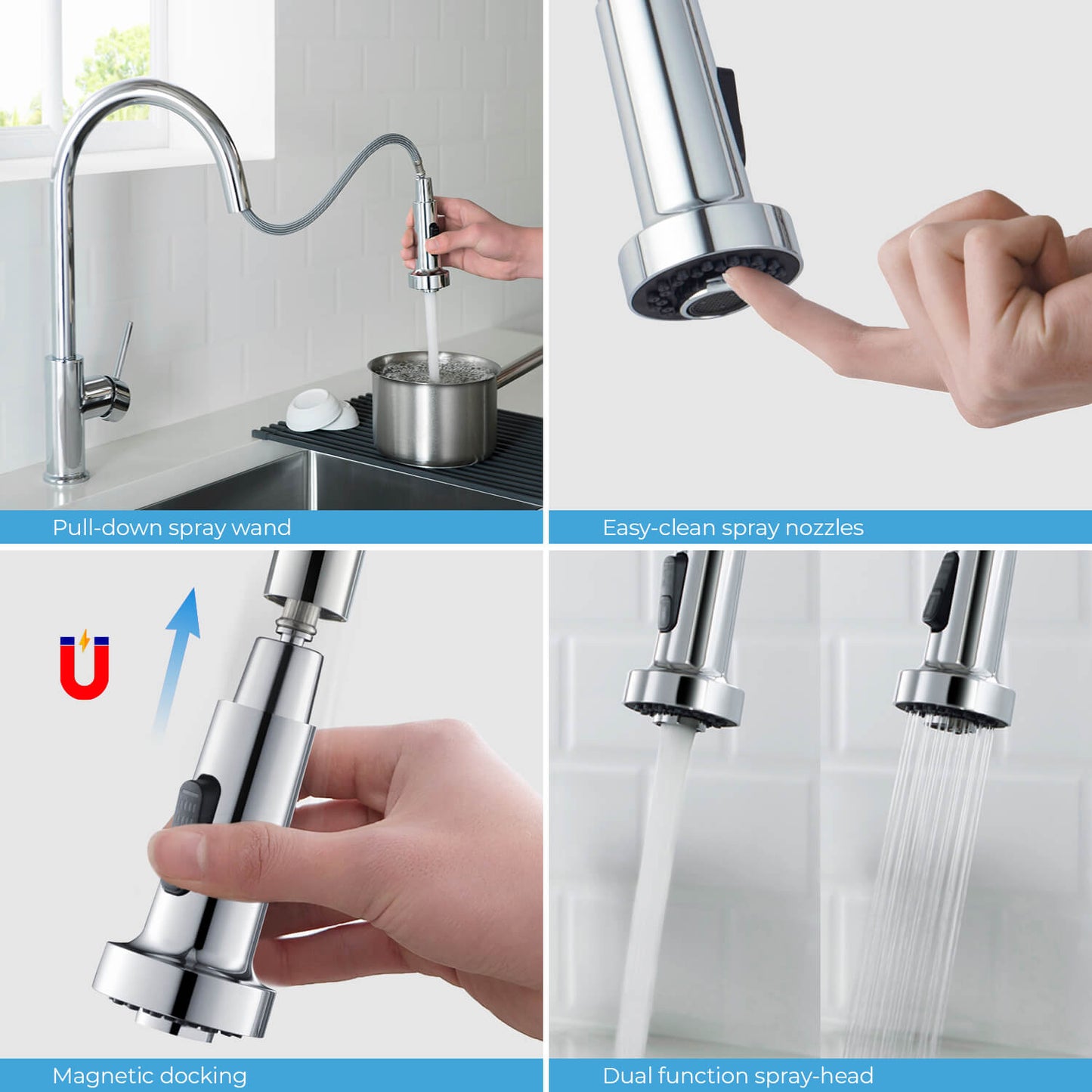 Kibi Casa Single Handle High Arc Pull Down Kitchen Faucet in Chrome Finish - KKF2002CH