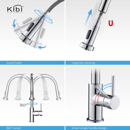Kibi Casa Single Handle High Arc Pull Down Kitchen Faucet in Chrome Finish - KKF2002CH