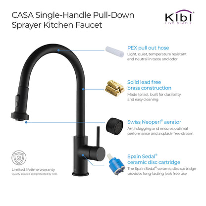 Kibi Casa Single Handle High Arc Pull Down Kitchen Faucet in Matte Black Finish - KKF2002MB