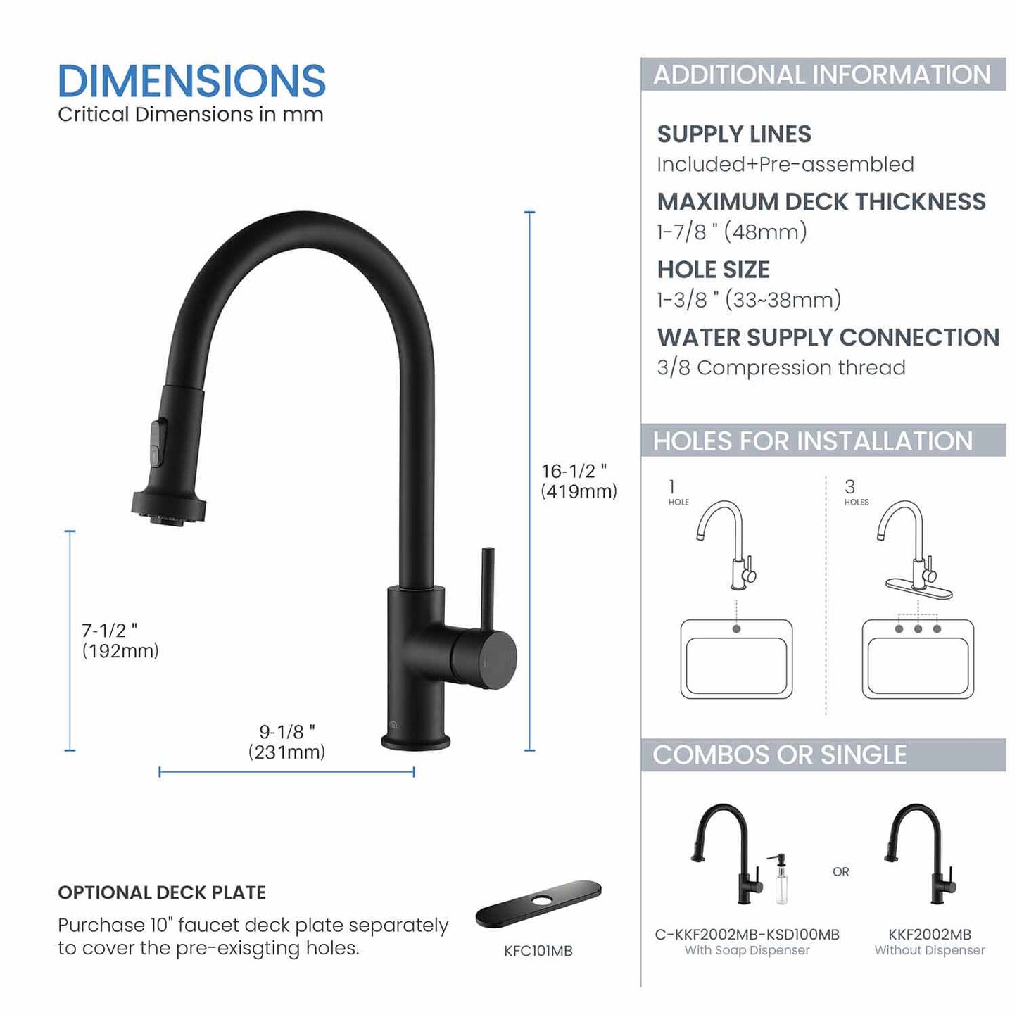 Kibi Casa Single Handle High Arc Pull Down Kitchen Faucet in Matte Black Finish - KKF2002MB
