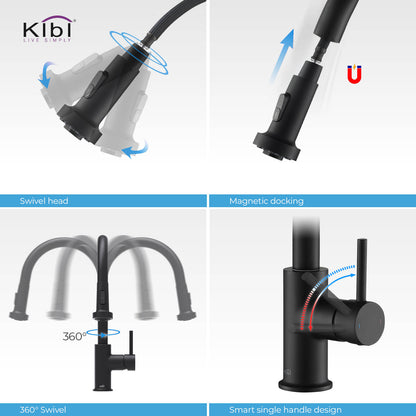 Kibi Casa Single Handle High Arc Pull Down Kitchen Faucet in Matte Black Finish - KKF2002MB