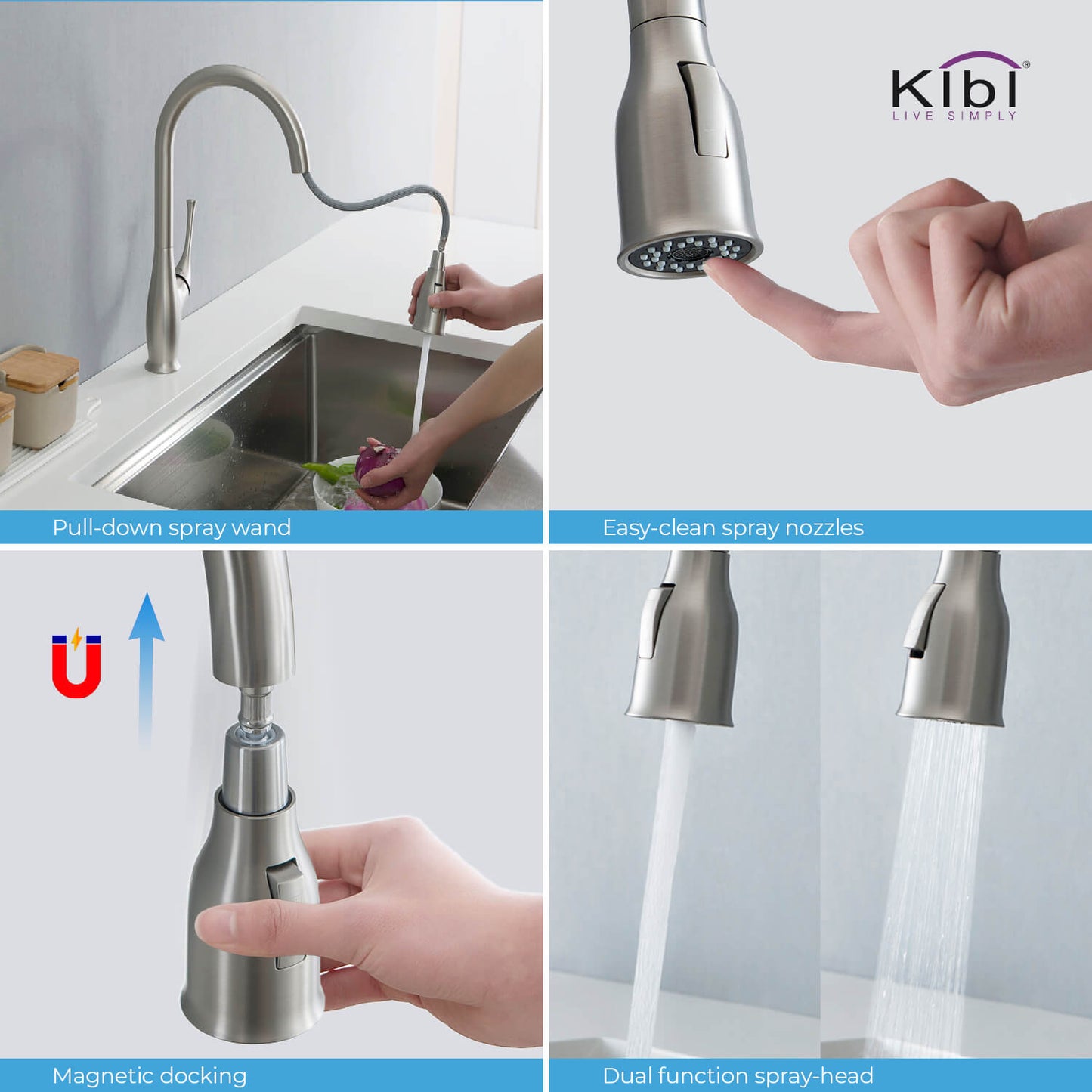 Kibi Cedar Single Handle High Arc Pull Down Kitchen Faucet With Soap Dispenser in Brushed Nickel Finish - C-KKF2010BN-KSD101BN
