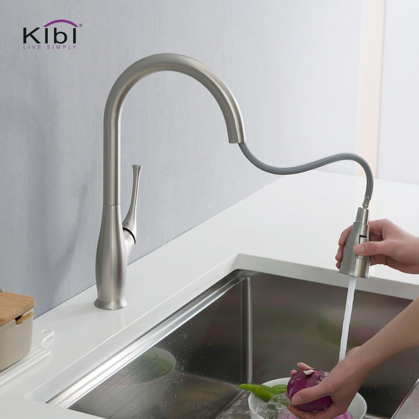 Kibi Cedar Single Handle High Arc Pull Down Kitchen Faucet With Soap Dispenser in Brushed Nickel Finish - C-KKF2010BN-KSD101BN