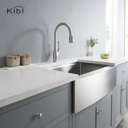 Kibi Cedar Single Handle High Arc Pull Down Kitchen Faucet With Soap Dispenser in Brushed Nickel Finish - C-KKF2010BN-KSD101BN