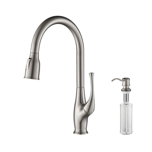 Kibi Cedar Single Handle High Arc Pull Down Kitchen Faucet With Soap Dispenser in Brushed Nickel Finish - C-KKF2010BN-KSD101BN