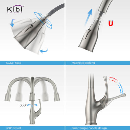 Kibi Cedar Single Handle High Arc Pull Down Kitchen Faucet in Brushed Nickel Finish - KKF2010BN
