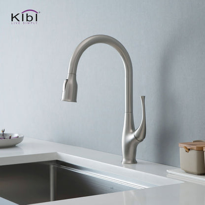 Kibi Cedar Single Handle High Arc Pull Down Kitchen Faucet in Brushed Nickel Finish - KKF2010BN