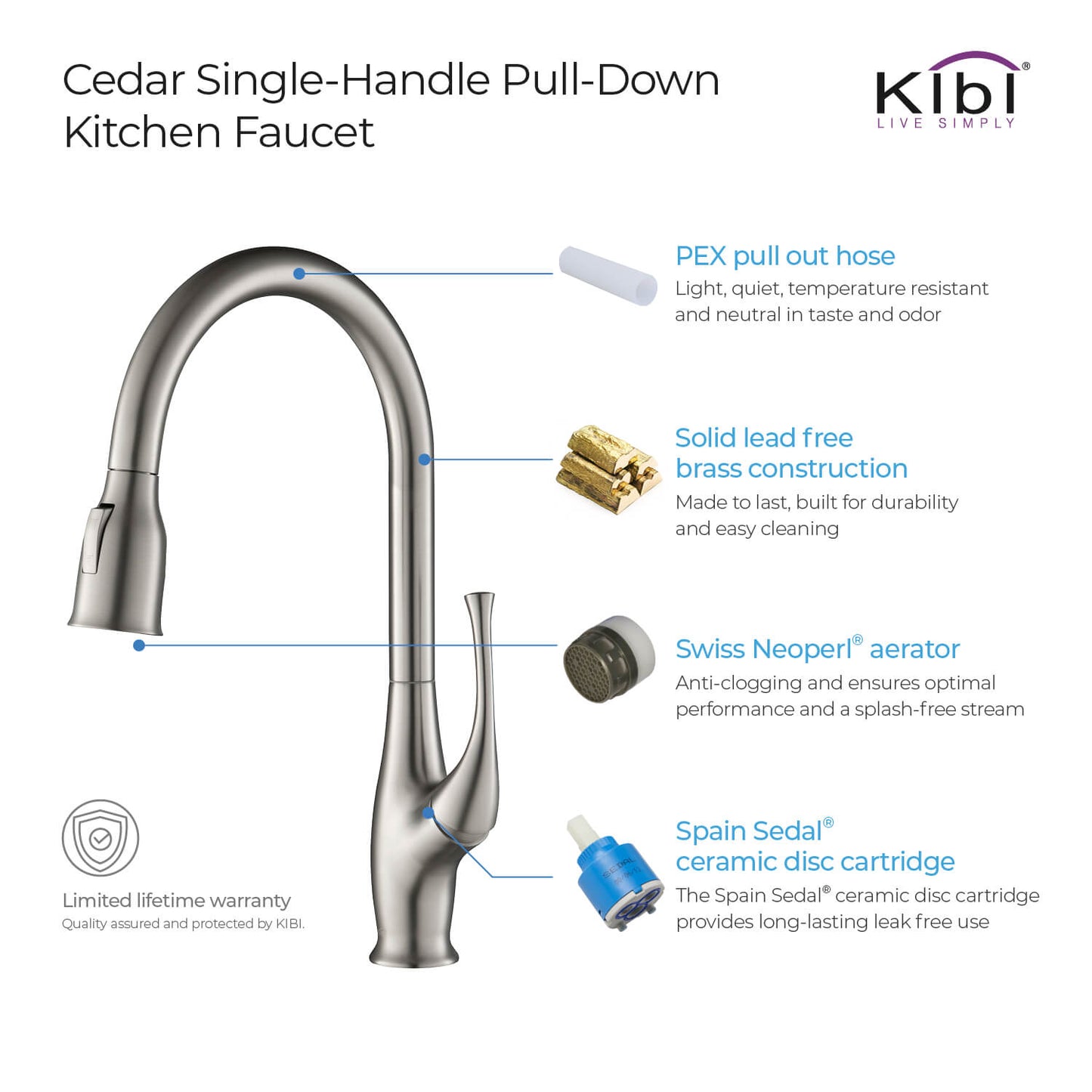 Kibi Cedar Single Handle High Arc Pull Down Kitchen Faucet in Brushed Nickel Finish - KKF2010BN