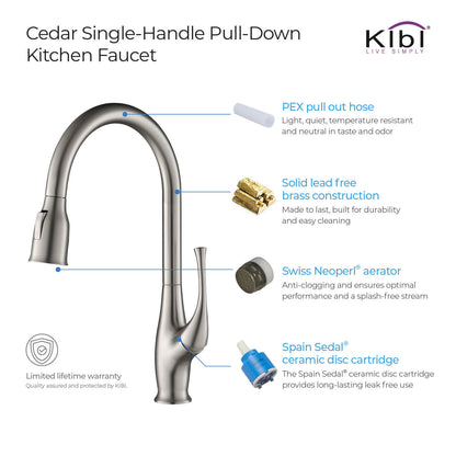 Kibi Cedar Single Handle High Arc Pull Down Kitchen Faucet in Brushed Nickel Finish - KKF2010BN