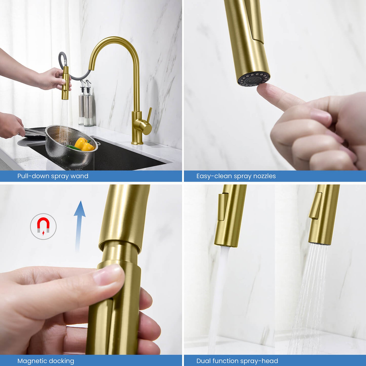 Kibi Circular Single Handle Pull Down Kitchen Faucet With Soap Dispenser in Brushed Gold Finish - C-KKF2013BG-KSD100BG
