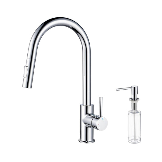 Kibi Circular Single Handle Pull Down Kitchen Faucet With Soap Dispenser in Chrome Finish - C-KKF2013CH-KSD100CH