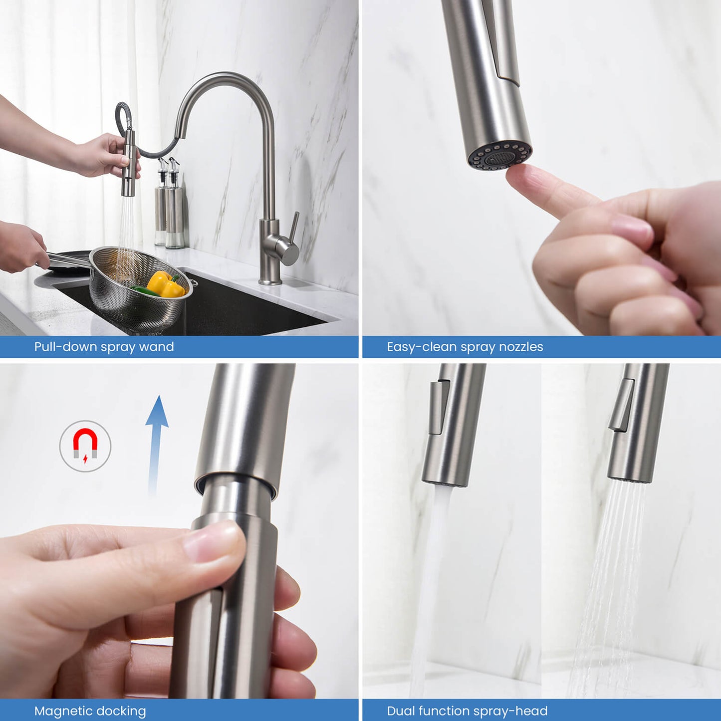 Kibi Circular Single Handle Pull Down Kitchen Faucet in Brushed Nickel Finish - KKF2013BN