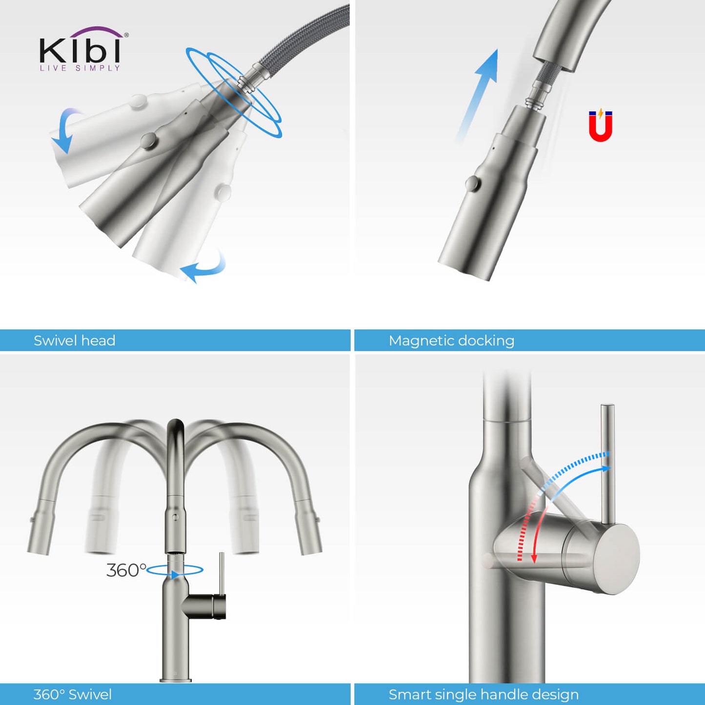 Kibi Hilo Single Handle High Arc Pull Down Kitchen Faucet in Brushed Nickel Finish - KKF2008BN