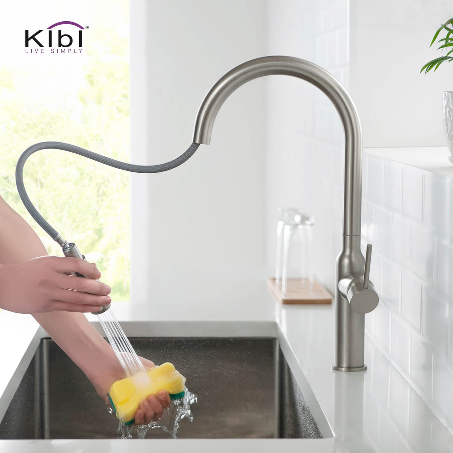Kibi Hilo Single Handle High Arc Pull Down Kitchen Faucet in Brushed Nickel Finish - KKF2008BN