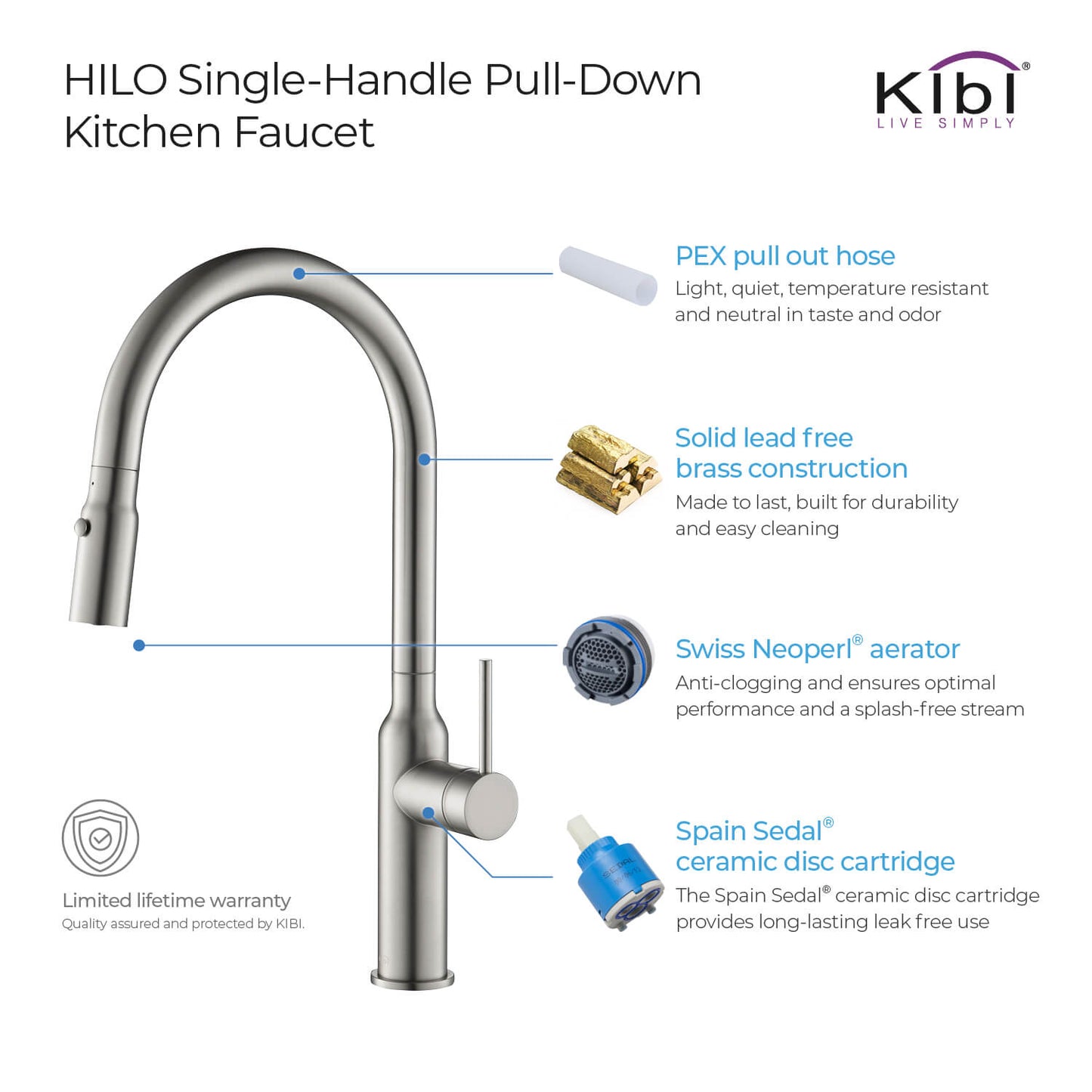 Kibi Hilo Single Handle High Arc Pull Down Kitchen Faucet in Brushed Nickel Finish - KKF2008BN