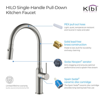 Kibi Hilo Single Handle High Arc Pull Down Kitchen Faucet in Brushed Nickel Finish - KKF2008BN