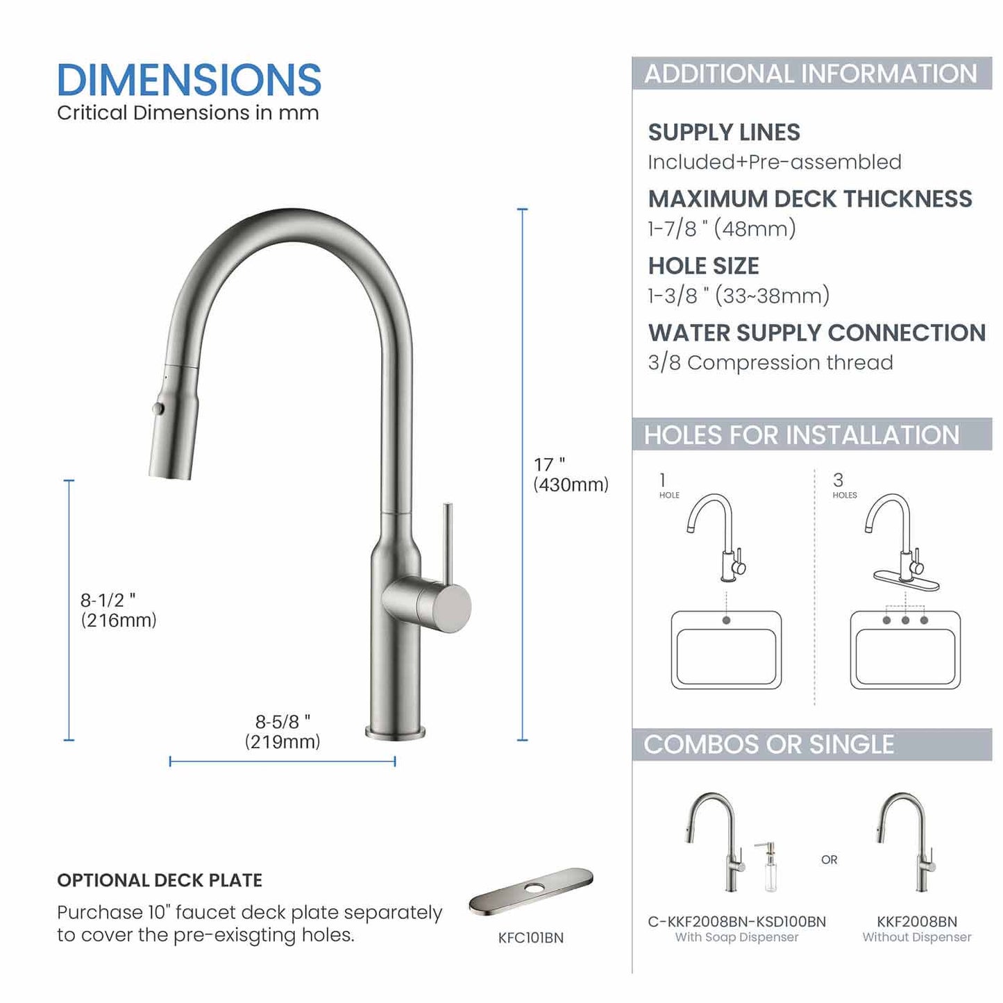Kibi Hilo Single Handle High Arc Pull Down Kitchen Faucet in Brushed Nickel Finish - KKF2008BN
