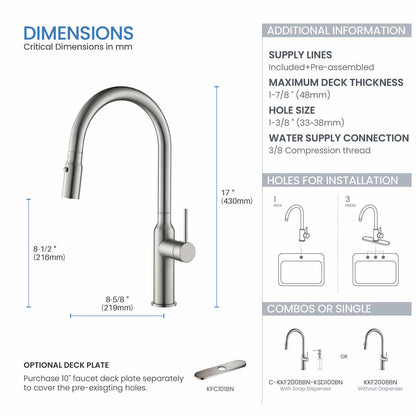 Kibi Hilo Single Handle High Arc Pull Down Kitchen Faucet in Brushed Nickel Finish - KKF2008BN