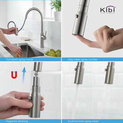 Kibi Hilo Single Handle High Arc Pull Down Kitchen Faucet in Brushed Nickel Finish - KKF2008BN