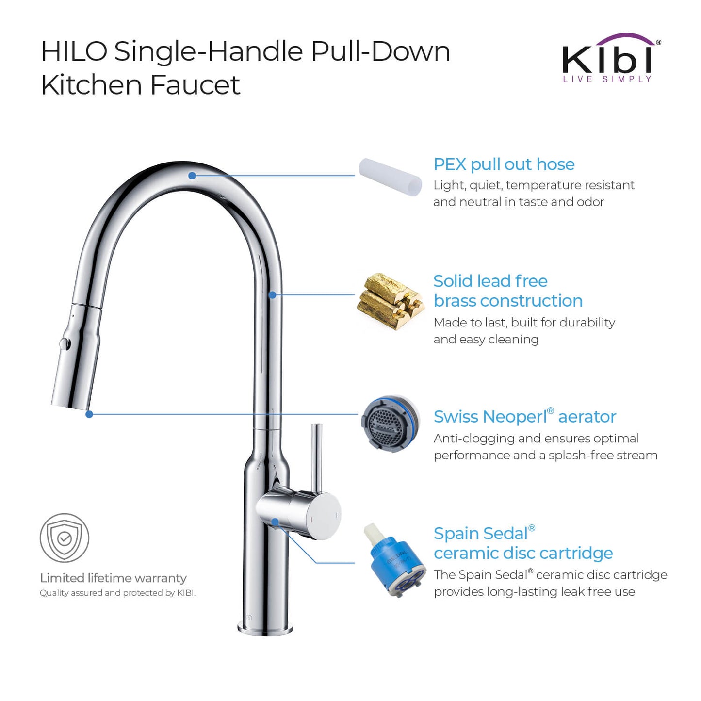 Kibi Hilo Single Handle High Arc Pull Down Kitchen Faucet in Chrome Finish - KKF2008CH