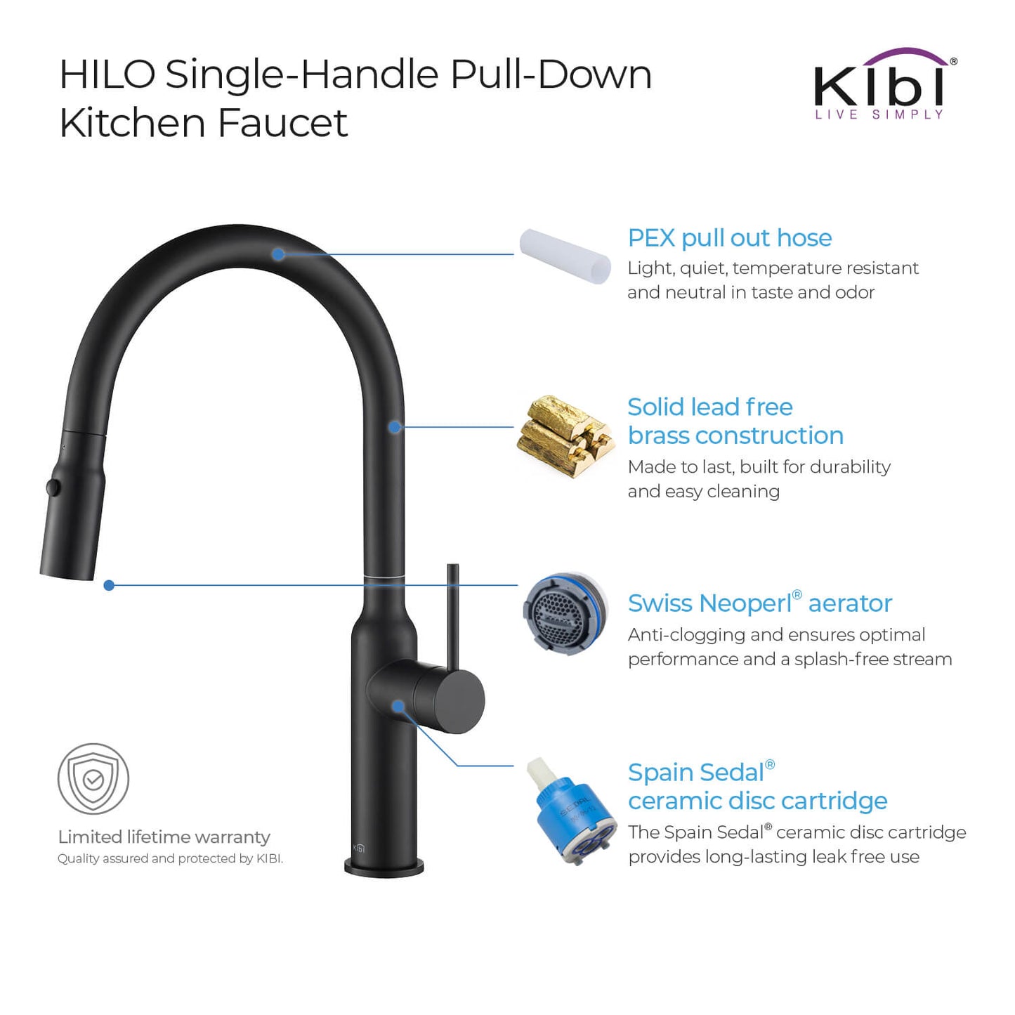 Kibi Hilo Single Handle High Arc Pull Down Kitchen Faucet in Matte Black Finish - KKF2008MB