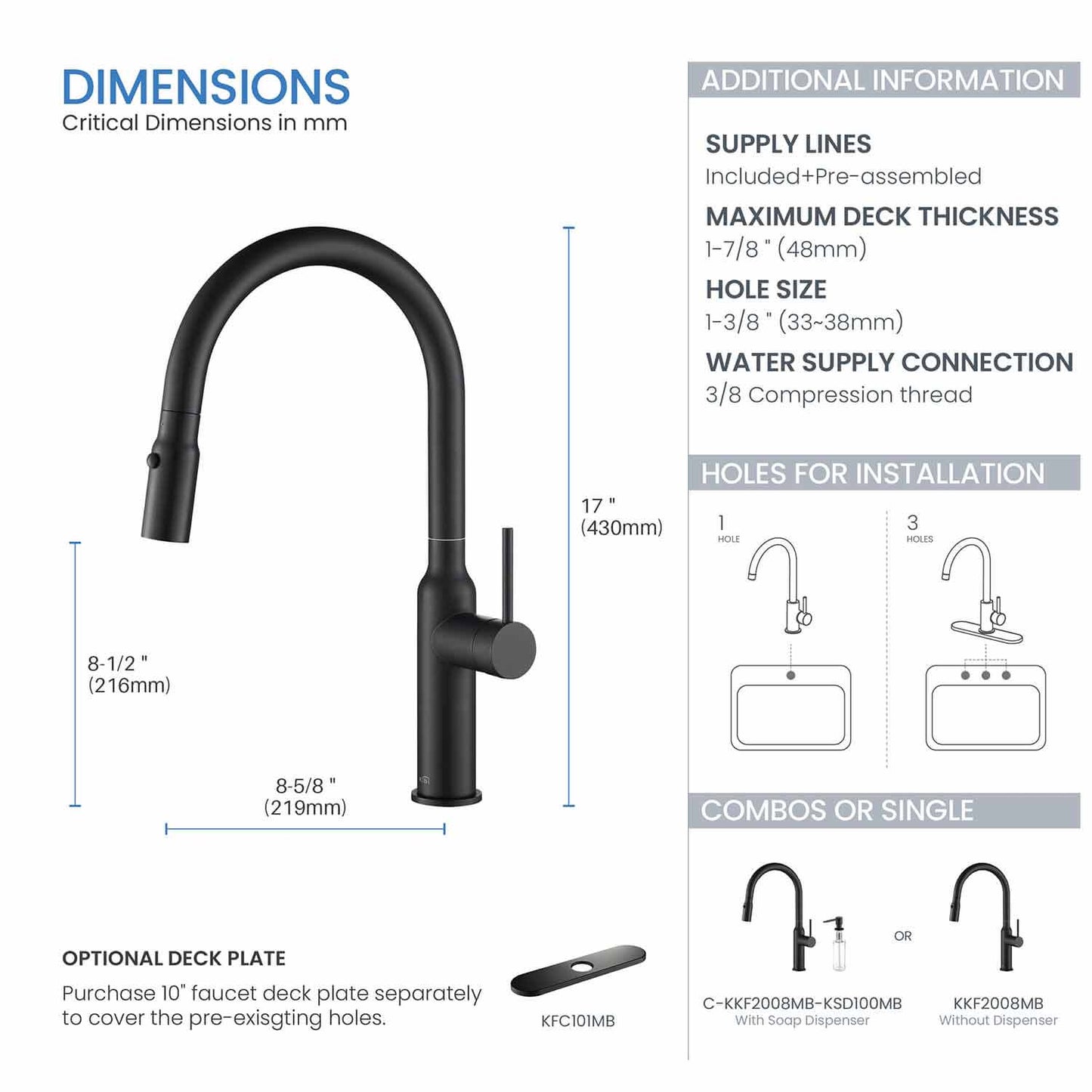 Kibi Hilo Single Handle High Arc Pull Down Kitchen Faucet in Matte Black Finish - KKF2008MB
