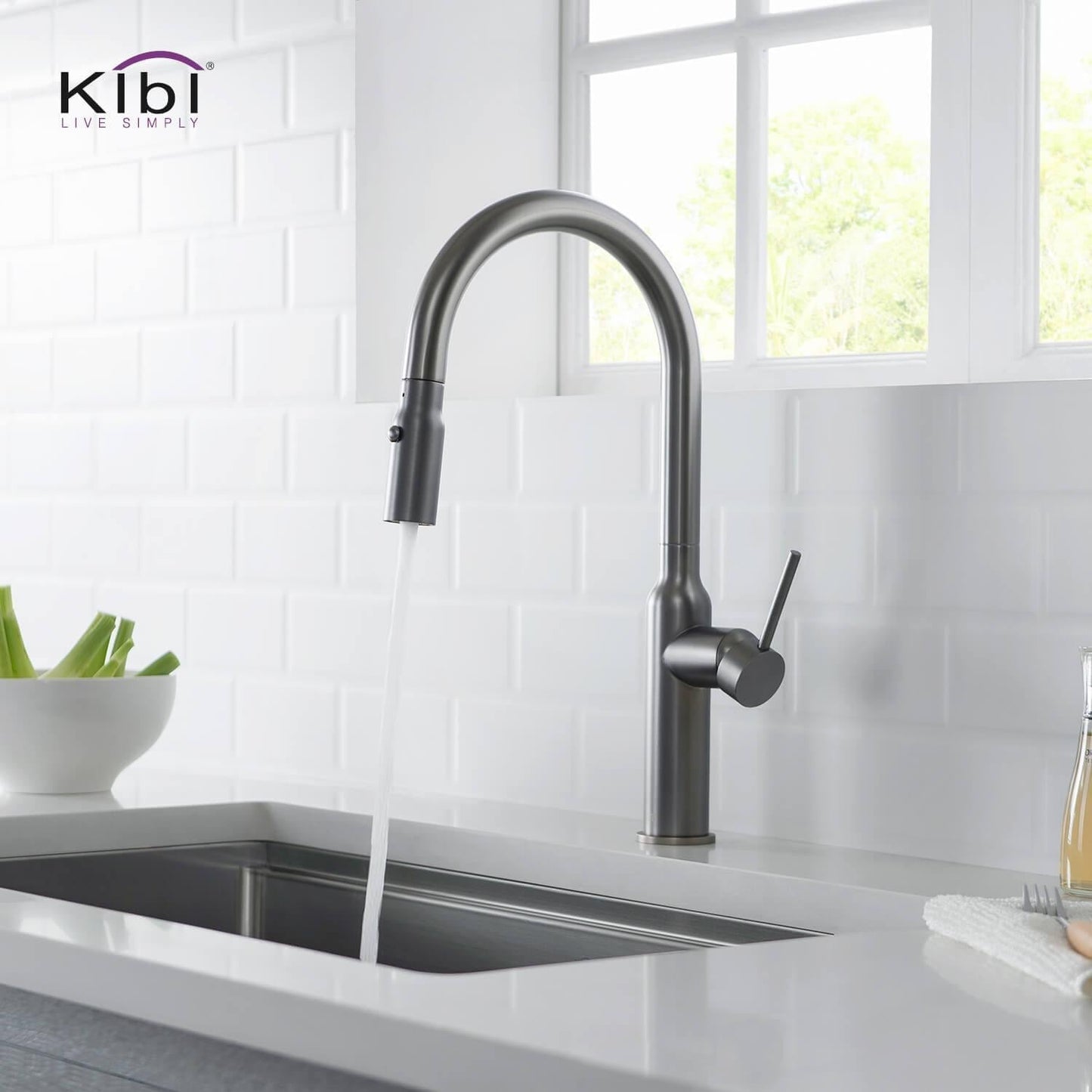 Kibi Hilo Single Handle High Arc Pull Down Kitchen Faucet in Titanium Finish - KKF2008TT