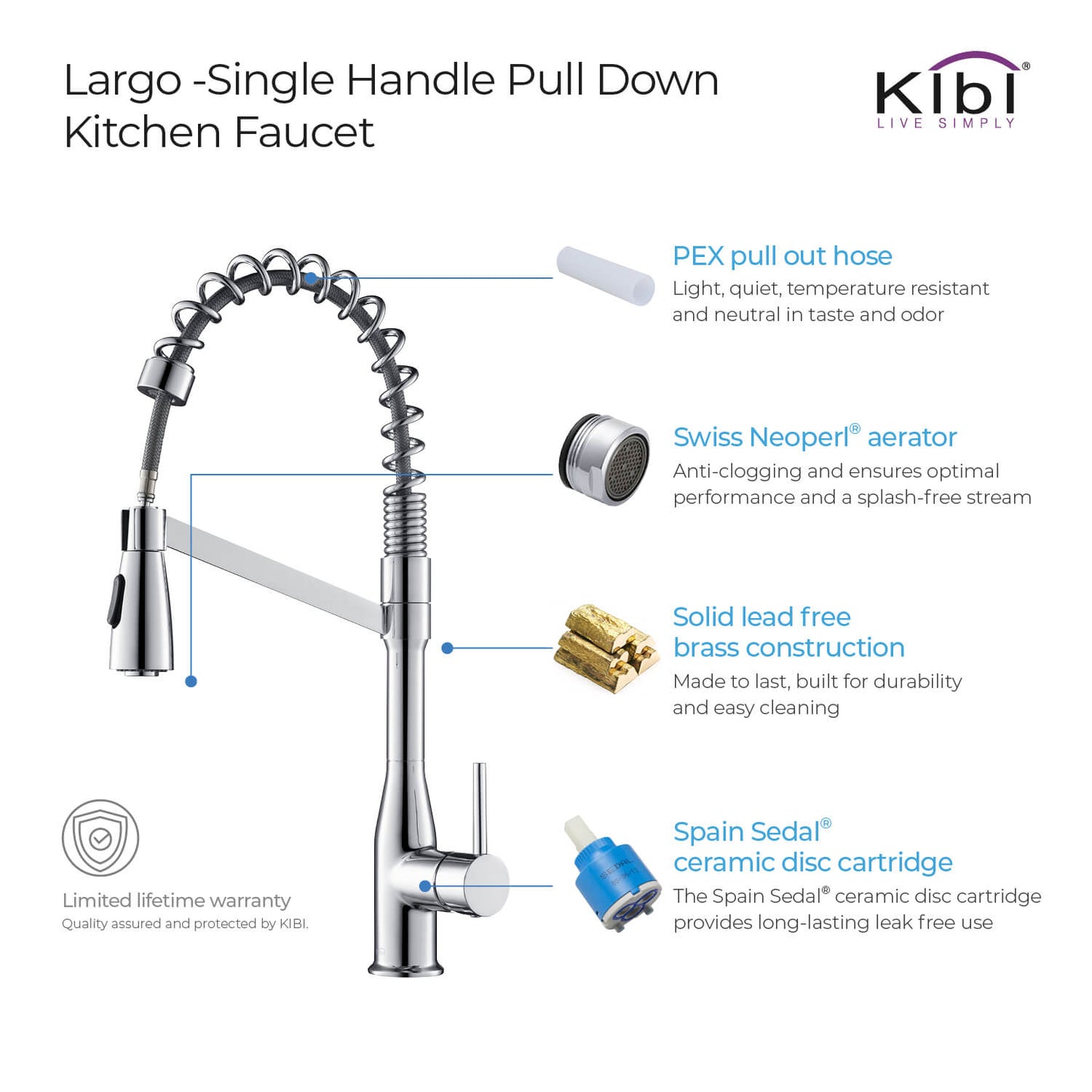 Kibi Largo Single Handle Pull Down Kitchen Faucet With Soap Dispenser in Chrome Finish - C-KKF2006CH-KSD100CH