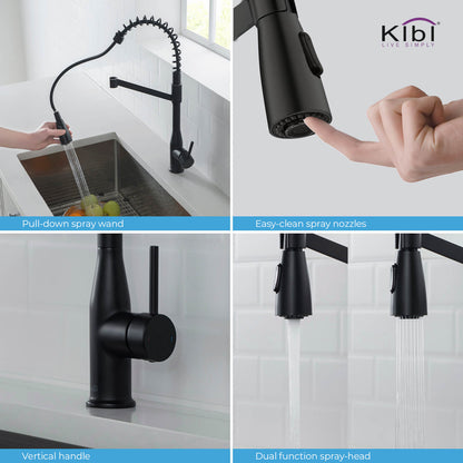 Kibi Largo Single Handle Pull Down Kitchen Faucet With Soap Dispenser in Matte Black Finish - C-KKF2006MB-KSD100MB