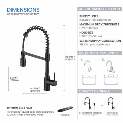 Kibi Largo Single Handle Pull Down Kitchen Faucet With Soap Dispenser in Matte Black Finish - C-KKF2006MB-KSD100MB