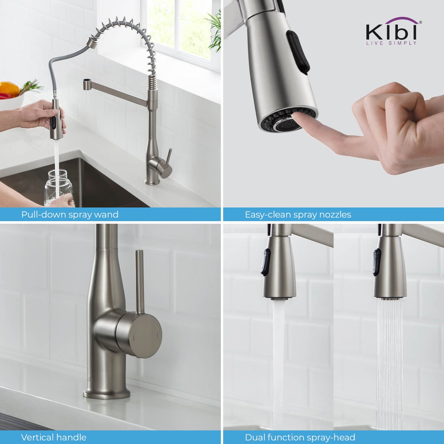 Kibi Largo Single Handle Pull Down Kitchen Faucet in Brushed Nickel Finish - KKF2006BN