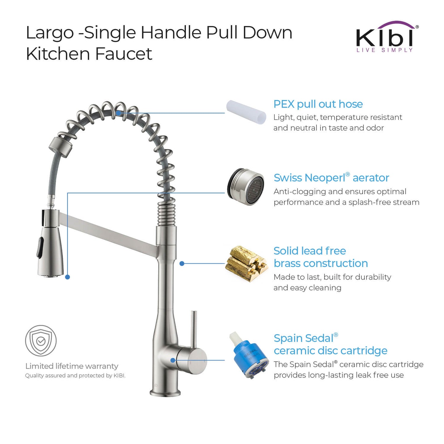 Kibi Largo Single Handle Pull Down Kitchen Faucet in Brushed Nickel Finish - KKF2006BN