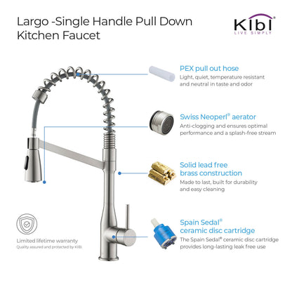 Kibi Largo Single Handle Pull Down Kitchen Faucet in Brushed Nickel Finish - KKF2006BN