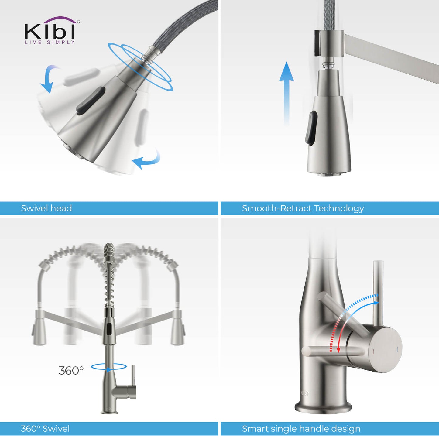 Kibi Largo Single Handle Pull Down Kitchen Faucet in Brushed Nickel Finish - KKF2006BN