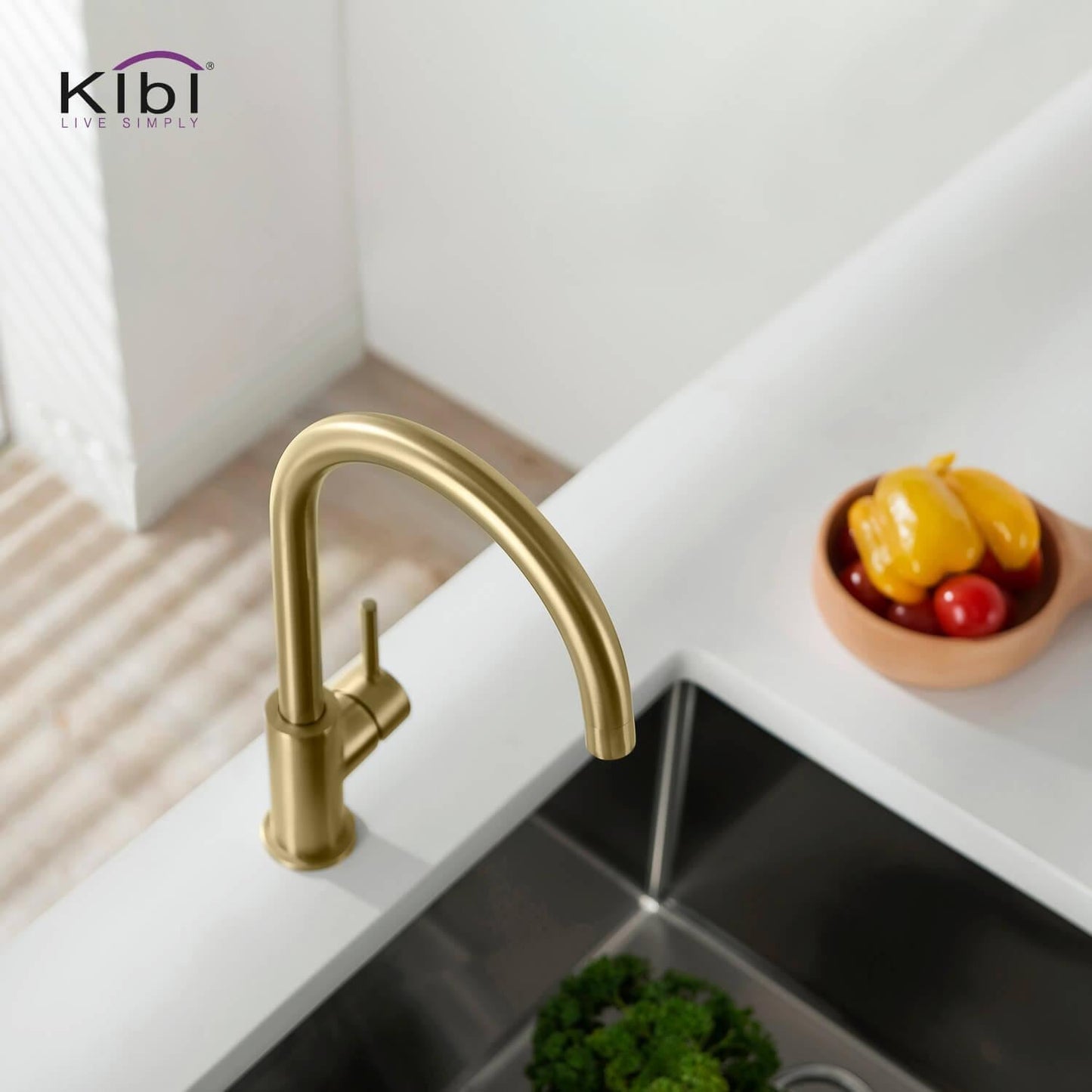 Kibi Lowa Single Handle High Arc Kitchen Bar Sink Faucet With Soap Dispenser in Brushed Gold Finish - C-KKF2001BG-KSD100BG