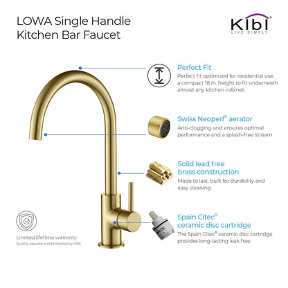 Kibi Lowa Single Handle High Arc Kitchen Bar Sink Faucet With Soap Dispenser in Brushed Gold Finish - C-KKF2001BG-KSD100BG