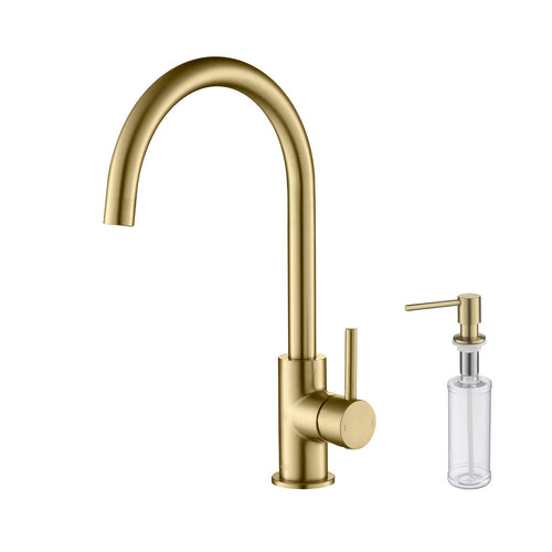 Kibi Lowa Single Handle High Arc Kitchen Bar Sink Faucet With Soap Dispenser in Brushed Gold Finish - C-KKF2001BG-KSD100BG